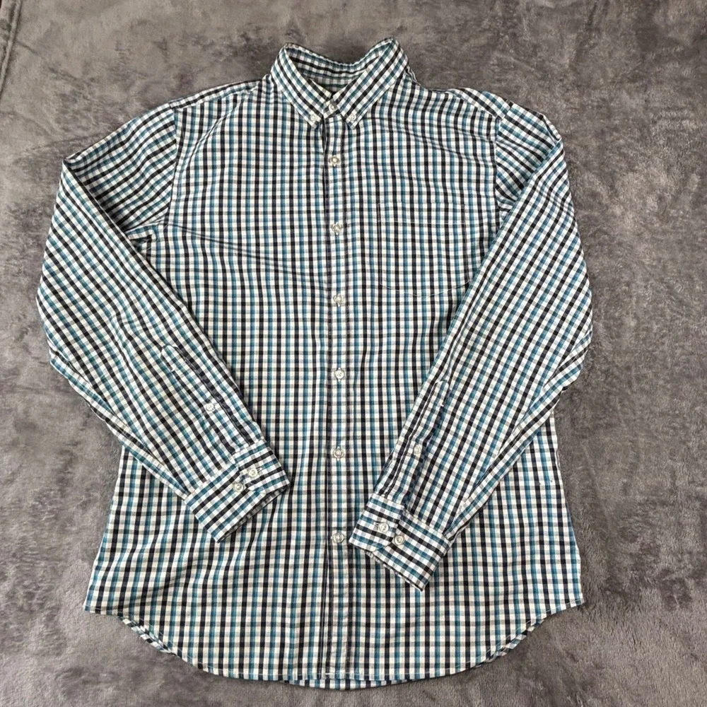 Banana Republic Grant Fit Mens L Blue Gingham Cotton Stretch Oxford Shirt